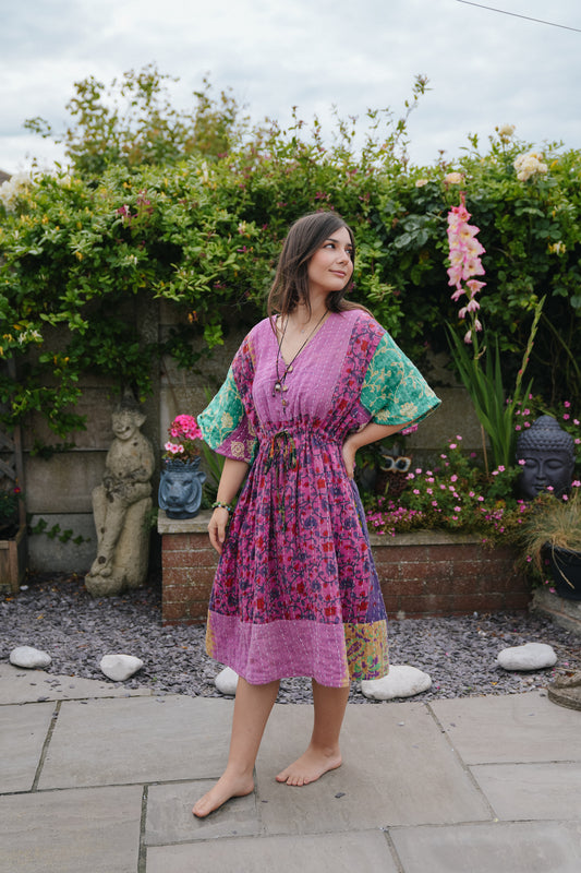Vintage Reversible Kantha Flared Midi Dress