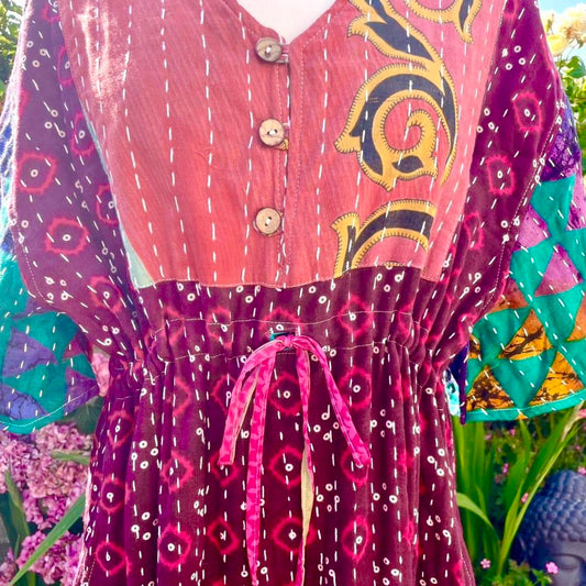 Vintage Reversible Kantha Flared Midi Dress