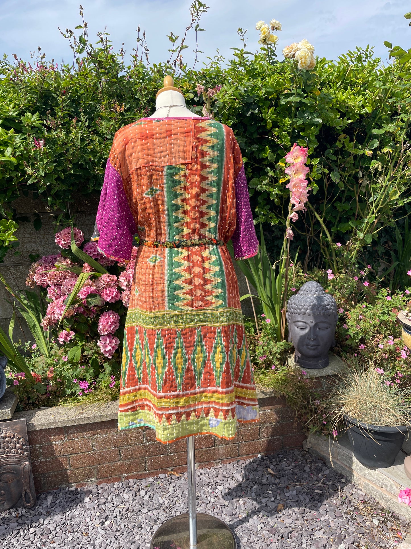 Vintage Reversible Kantha Flared Midi Dress