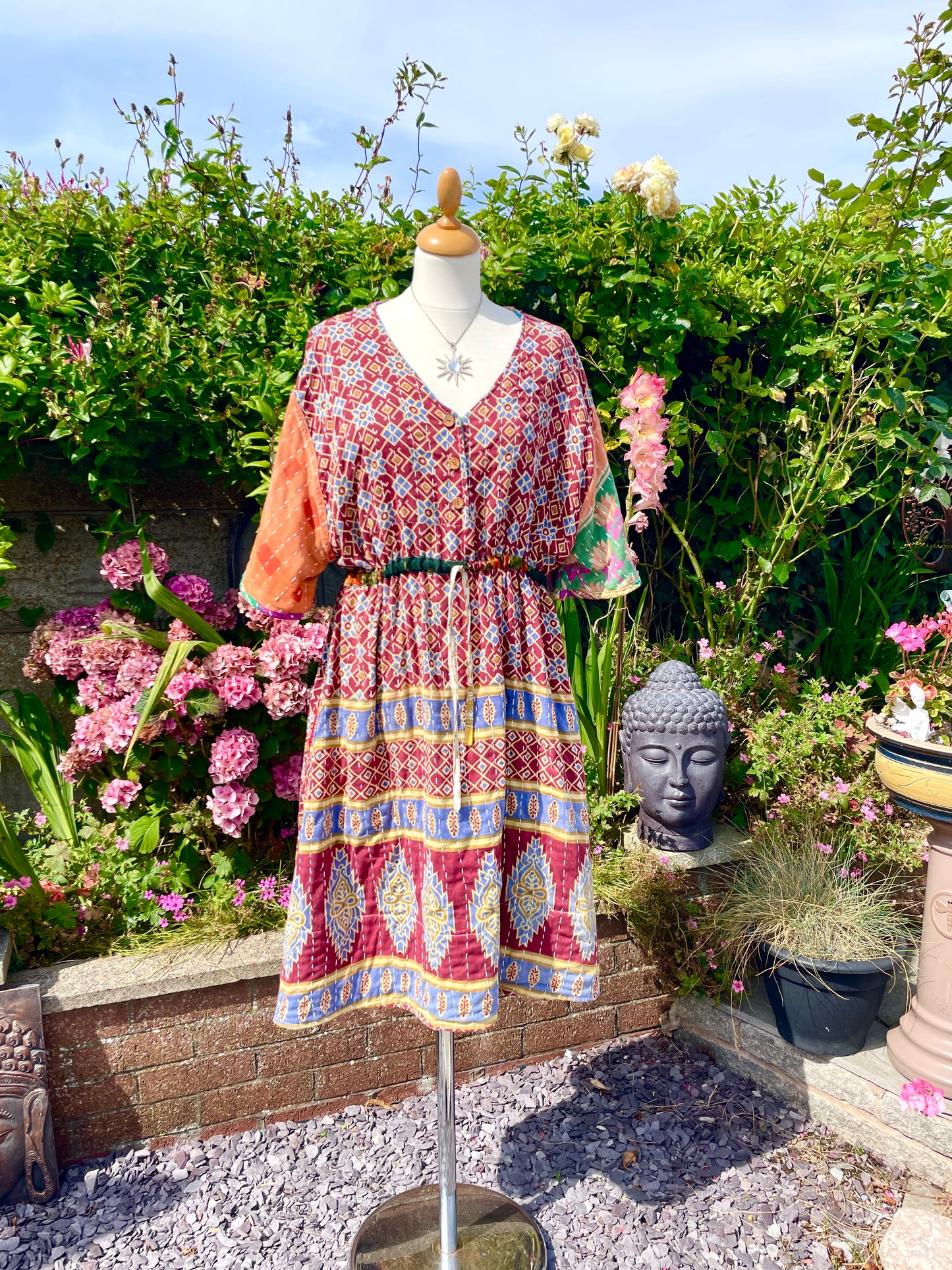 Vintage Reversible Kantha Flared Midi Dress