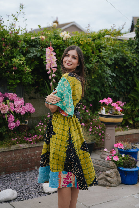 Vintage Reversible Kantha Flared Midi Dress