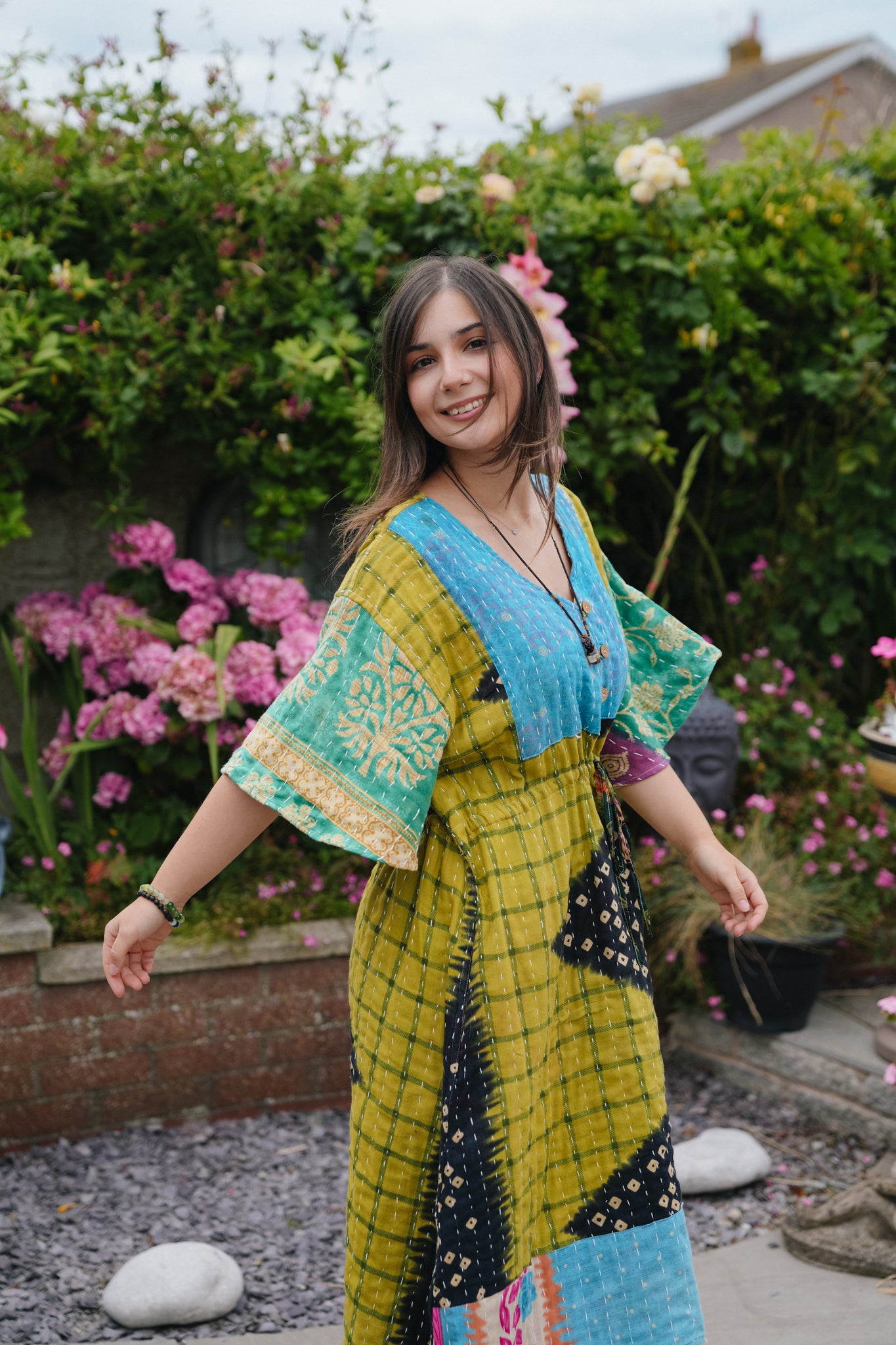 Vintage Reversible Kantha Flared Midi Dress