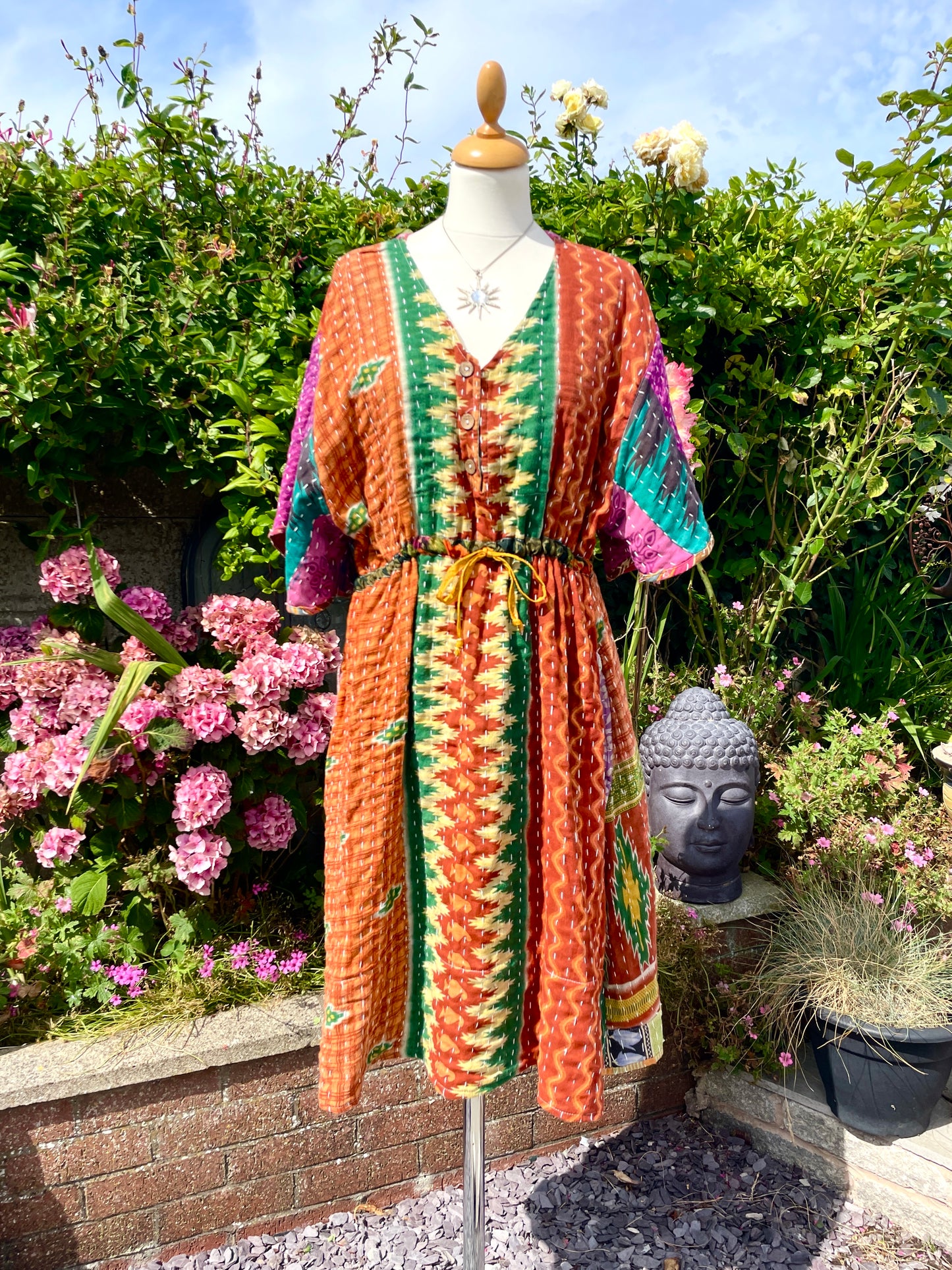 Vintage Reversible Kantha Flared Midi Dress