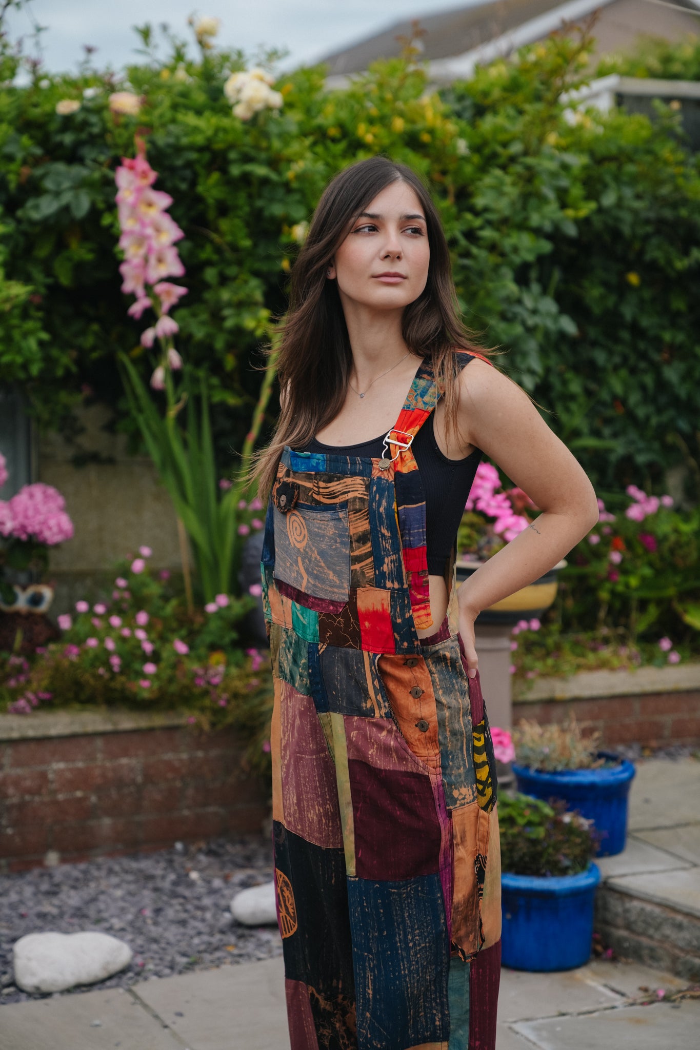 Womens Batik Patchwork Dungarees front