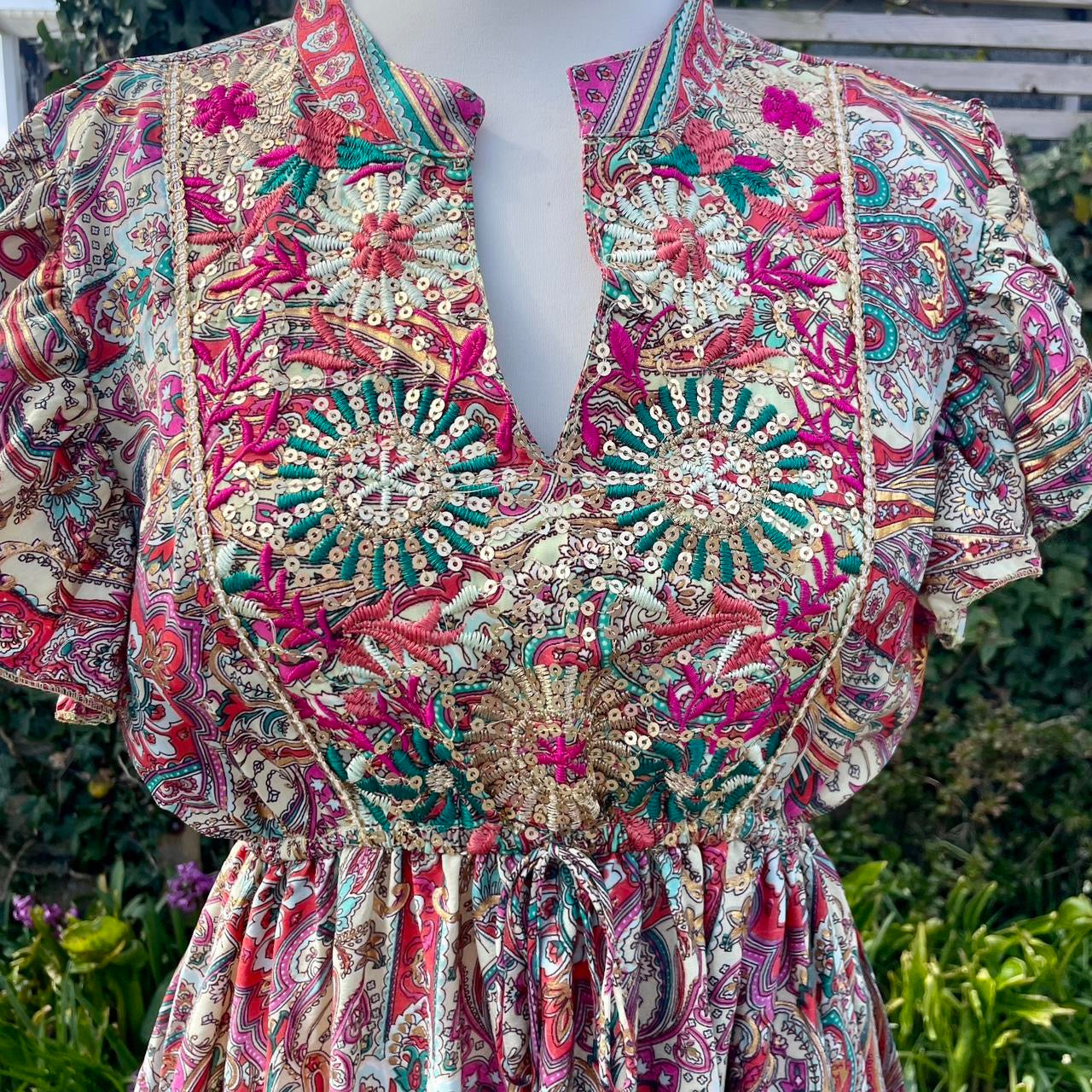 silk floral maxi dress, detail view