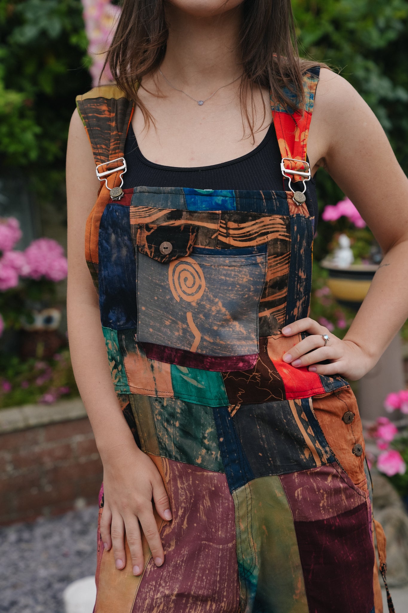 Womens Batik patchwork dungarees detail