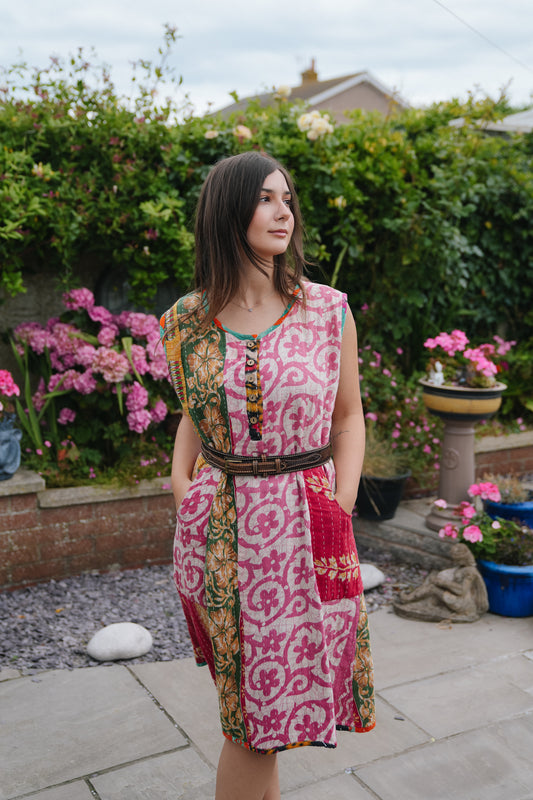 Vintage Reversible Kantha Straight Midi Dress