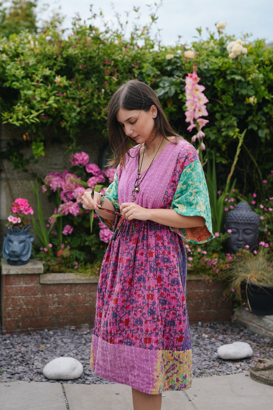 Vintage Reversible Kantha Flared Midi Dress