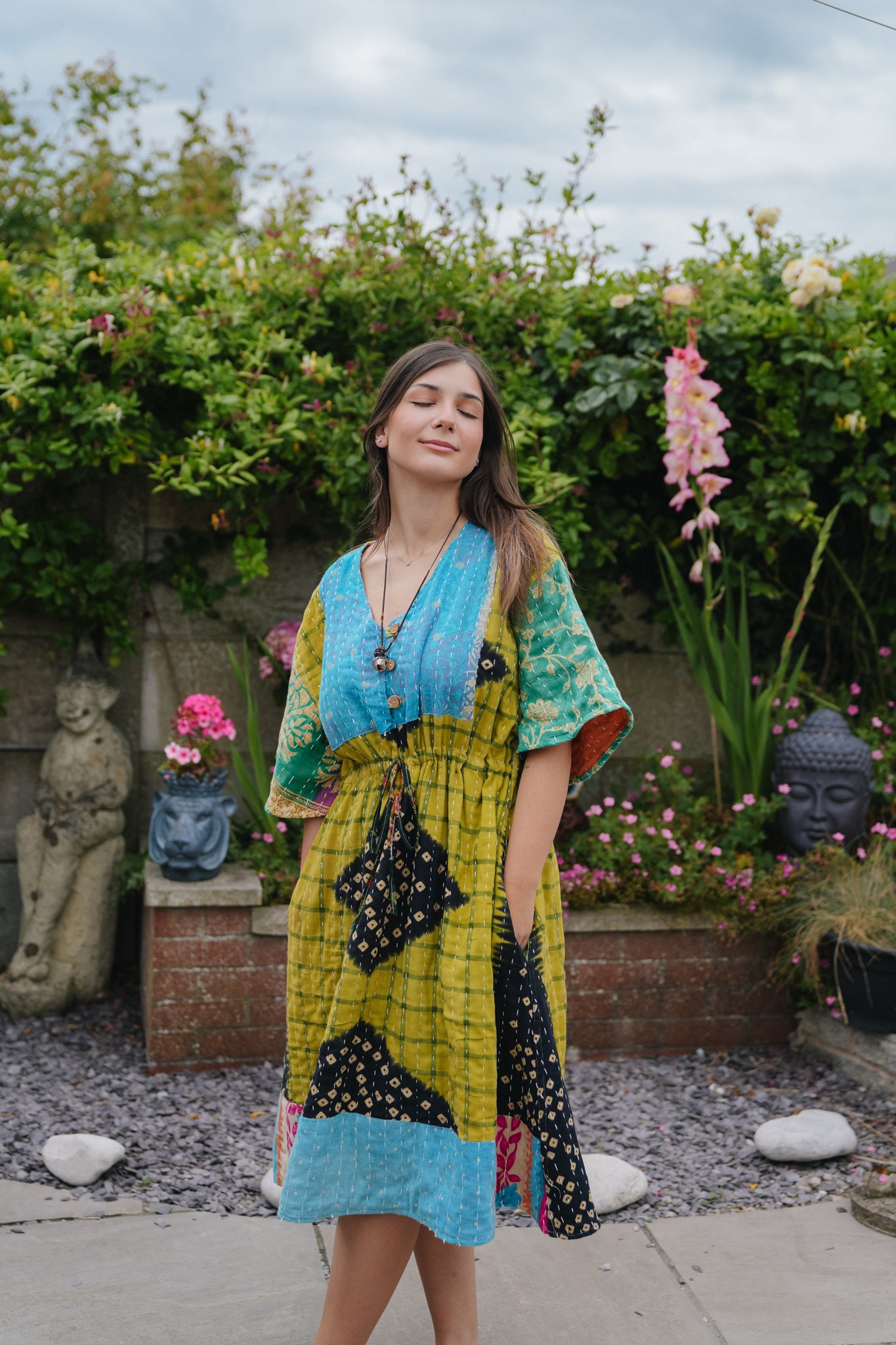 Vintage Reversible Kantha Flared Midi Dress