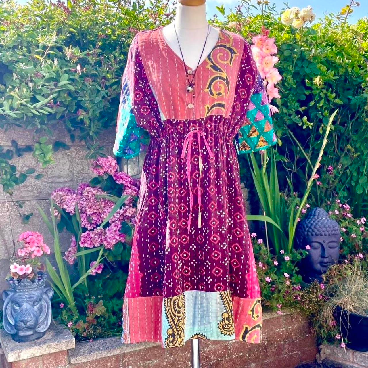 Vintage Reversible Kantha Flared Midi Dress