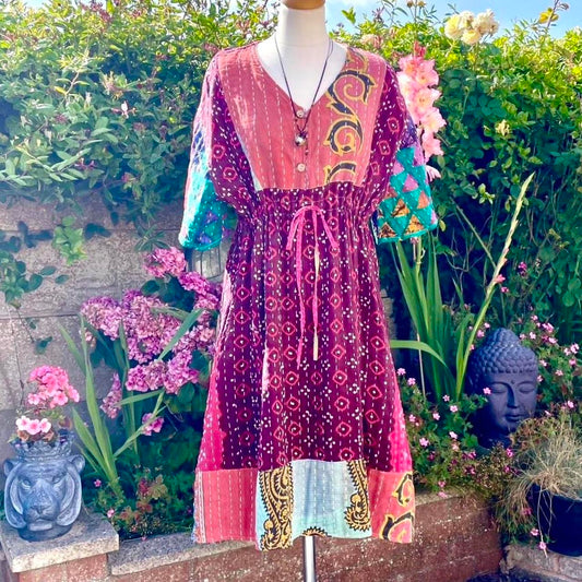Vintage Reversible Kantha Flared Midi Dress
