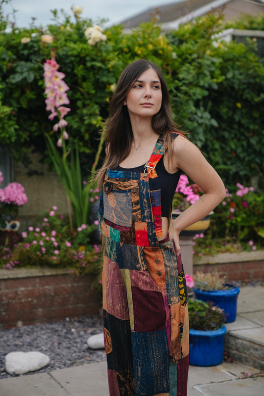 Womens Batik Patchwork Dungarees front
