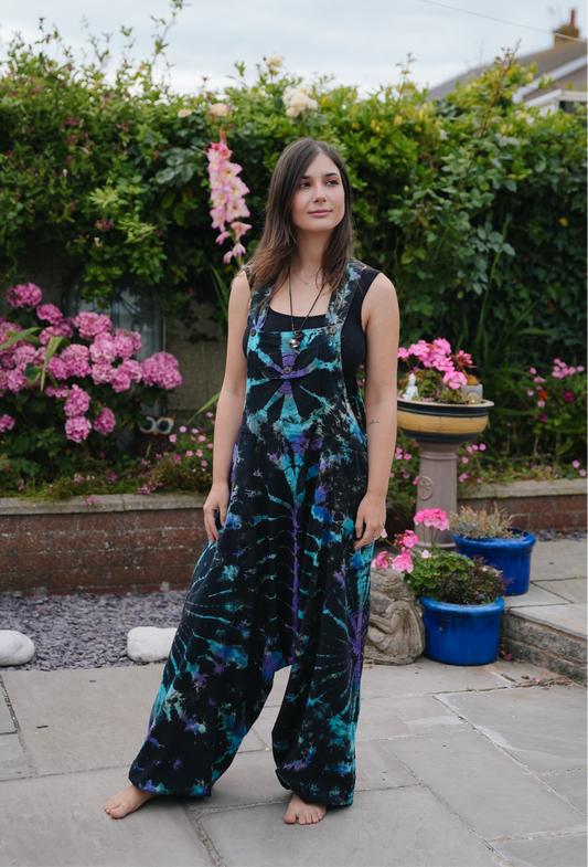 Indian Tie Dye Dungarees Drop Crotch, Stonewashed