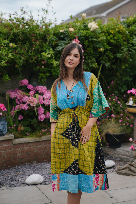 Vintage Reversible Kantha Flared Midi Dress