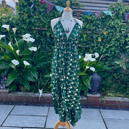 Halterneck silk sari dress recycled front