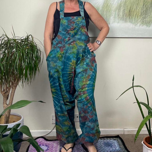 Indian Tie Dye Dungarees Drop Crotch, Stonewashed