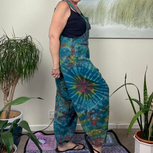 Indian Tie Dye Dungarees Drop Crotch, Stonewashed