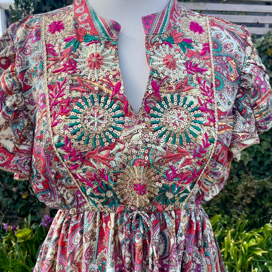 silk floral maxi dress, detail view