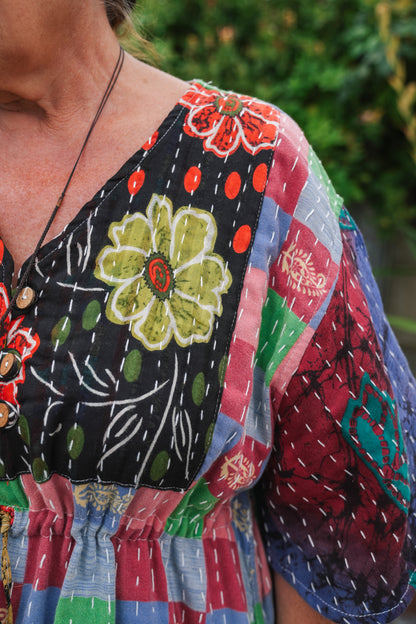 Vintage Reversible Kantha Flared Midi Dress