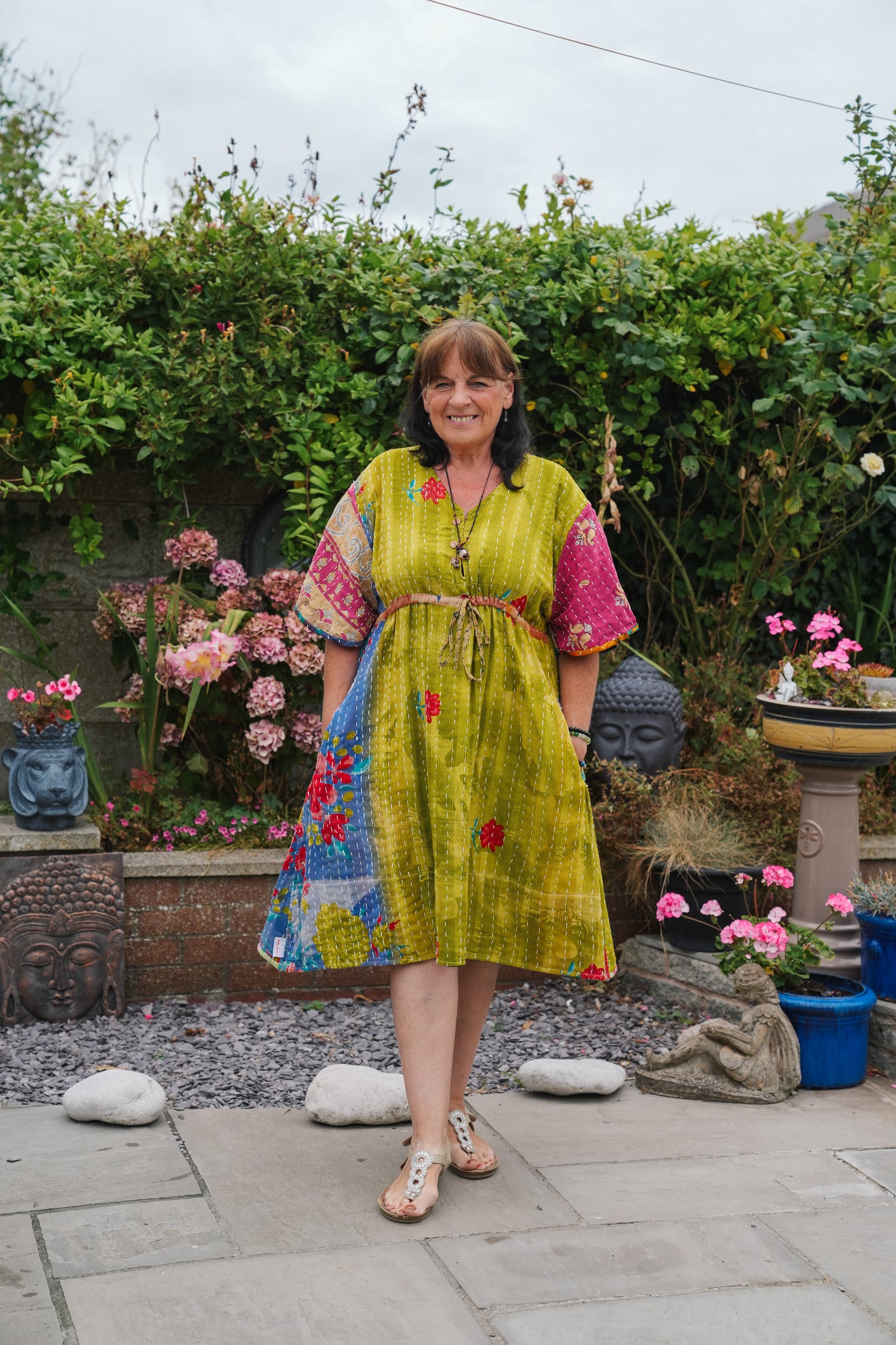 Vintage Reversible Kantha Flared Midi Dress