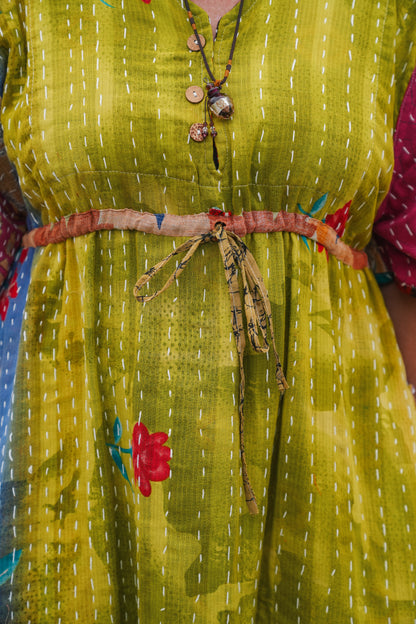 Vintage Reversible Kantha Flared Midi Dress