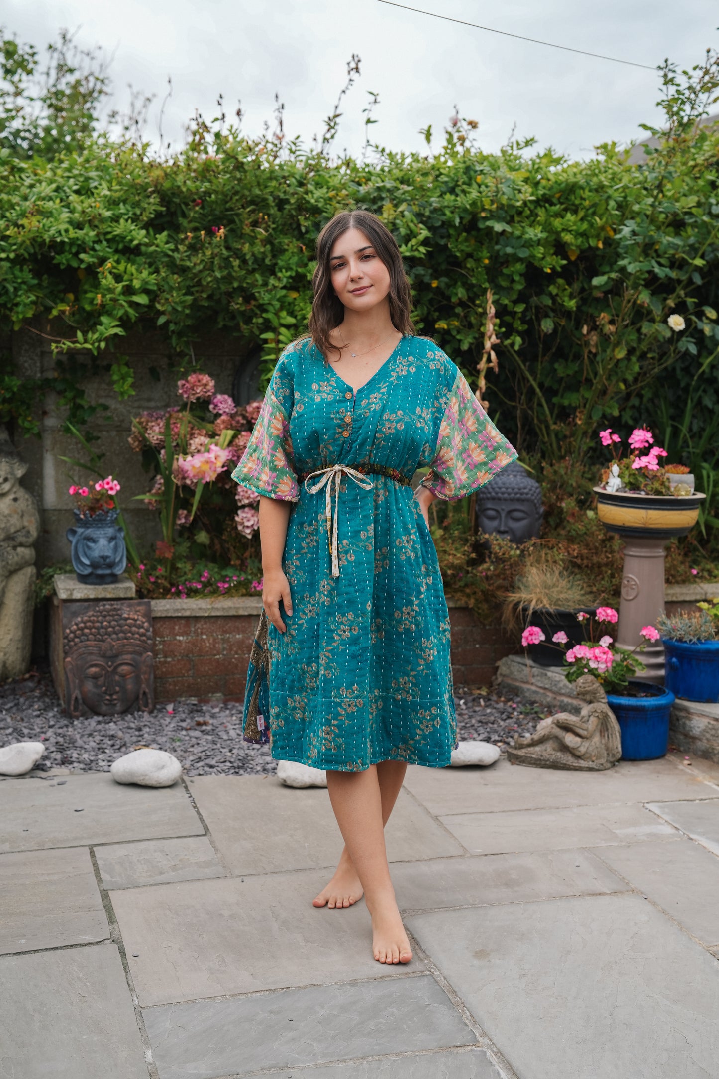 Vintage Reversible Kantha Flared Midi Dress