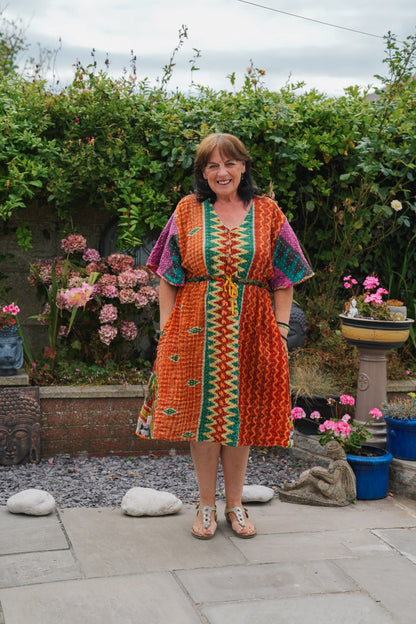 Vintage Reversible Kantha Flared Midi Dress