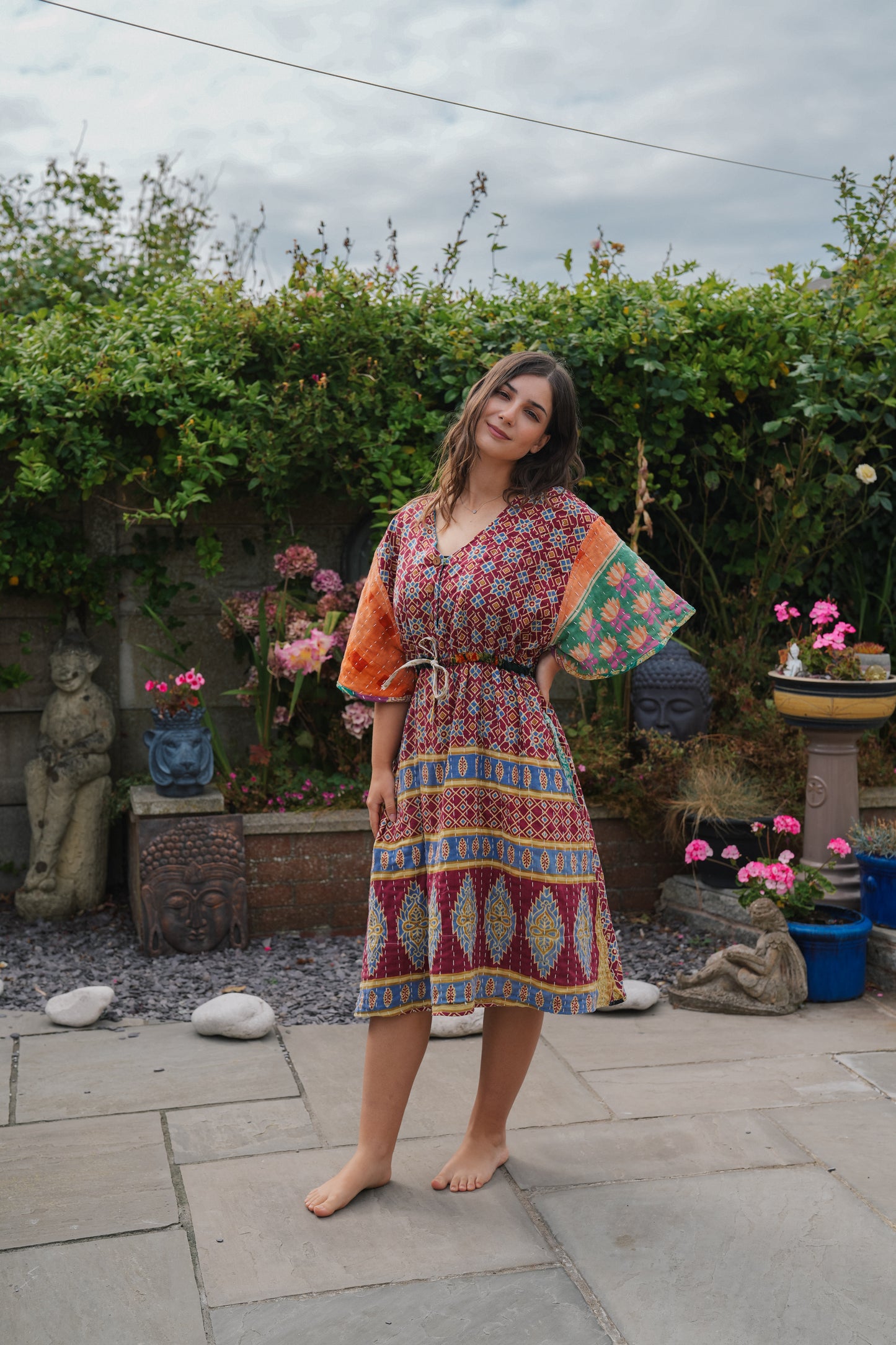 Vintage Reversible Kantha Flared Midi Dress