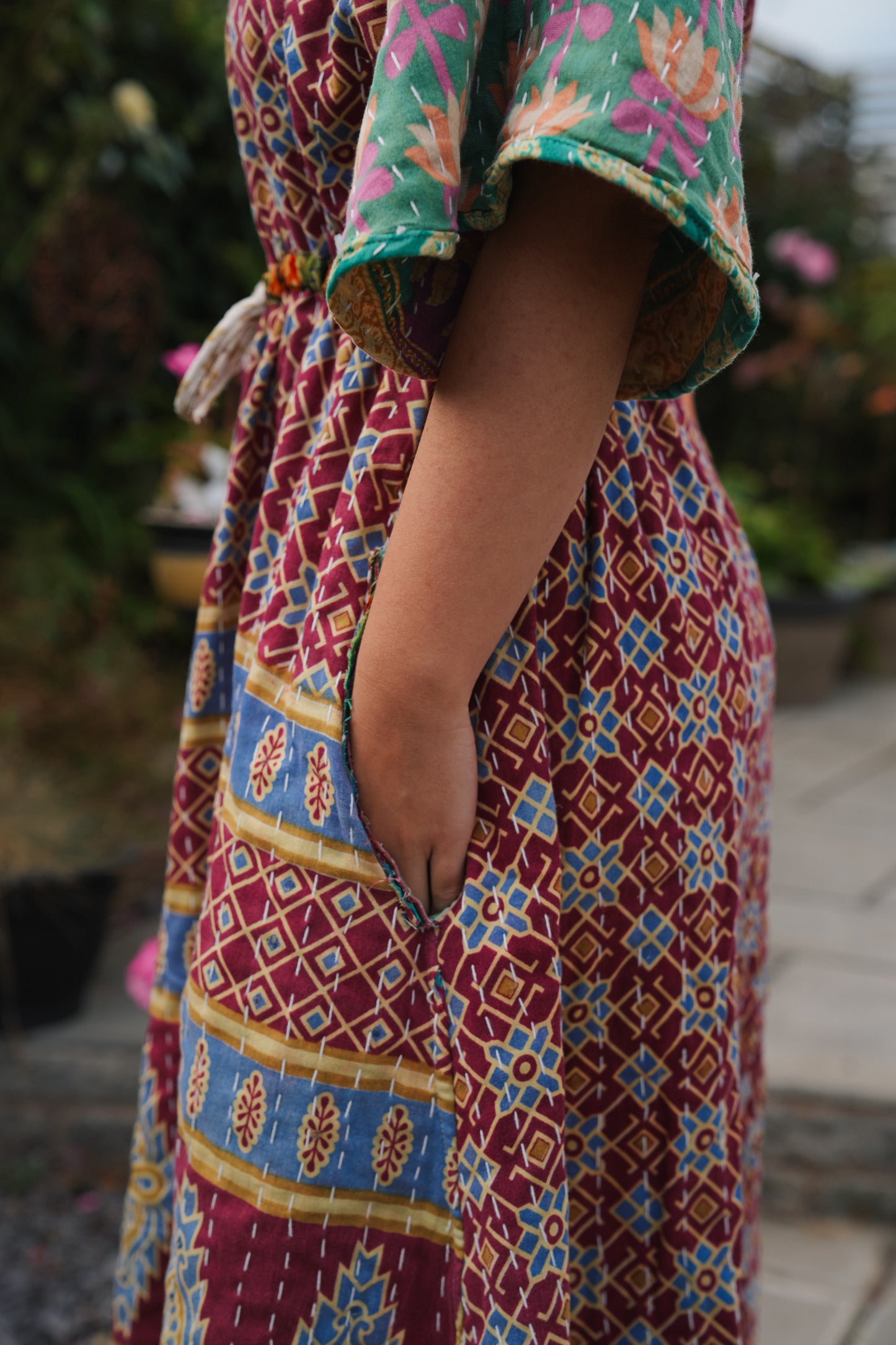 Vintage Reversible Kantha Flared Midi Dress