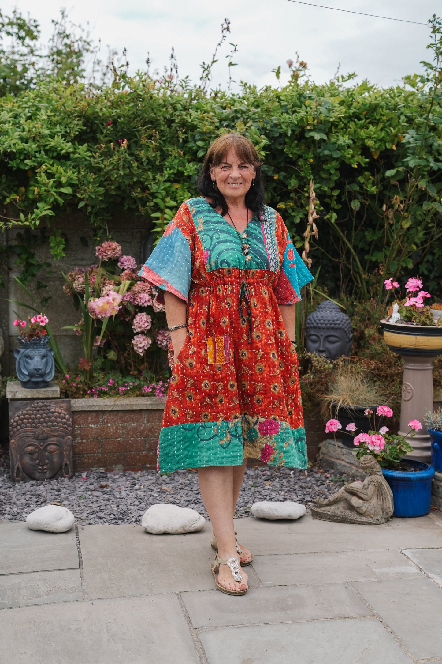 Vintage Reversible Kantha Flared Midi Dress