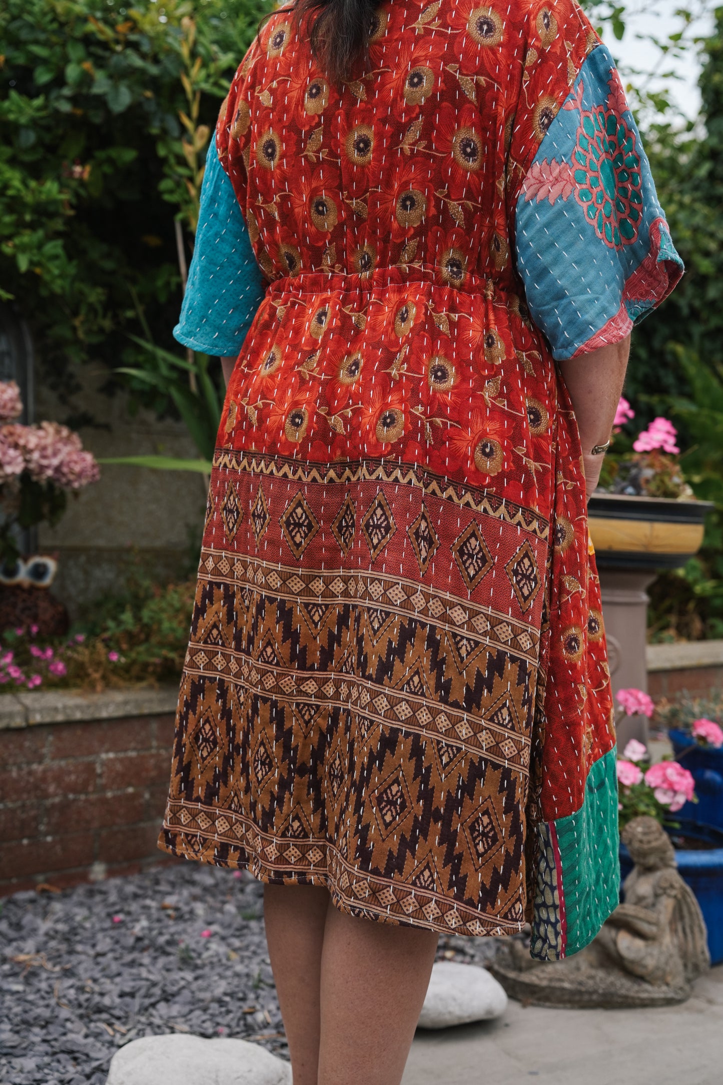 Vintage Reversible Kantha Flared Midi Dress