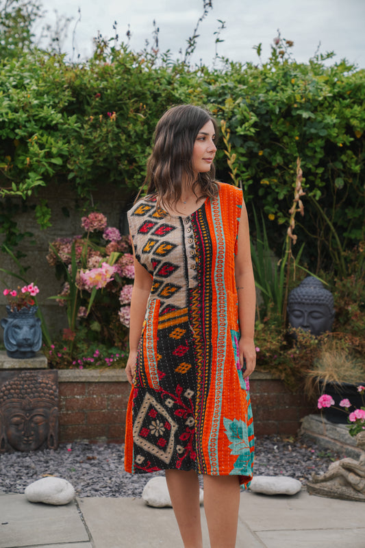 Vintage Reversible Kantha Straight Midi Dress