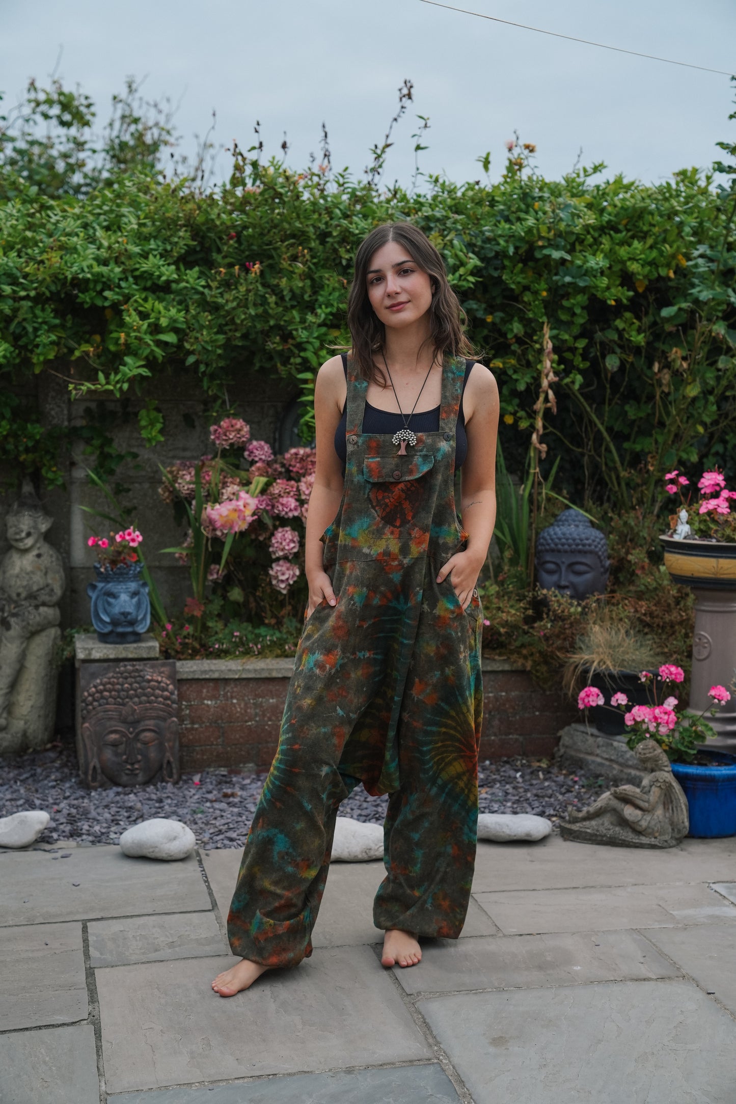 Indian Tie Dye Dungarees Drop Crotch, Stonewashed