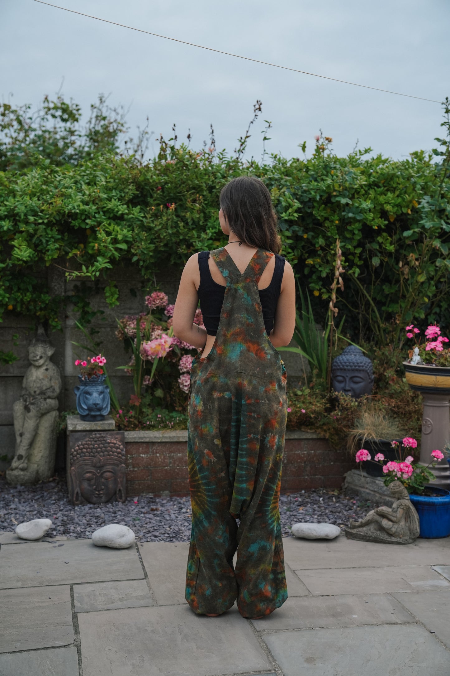 Indian Tie Dye Dungarees Drop Crotch, Stonewashed