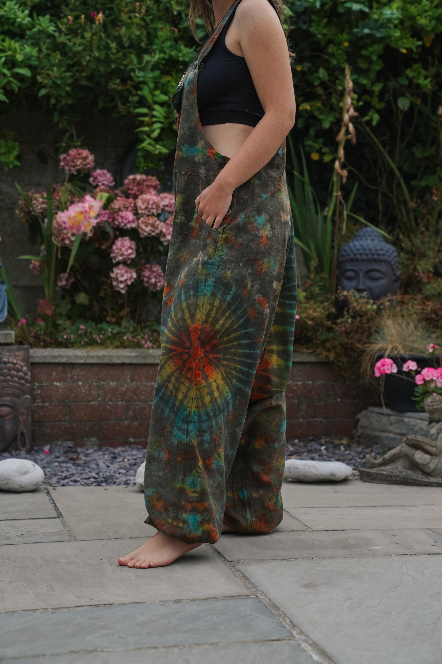 Indian Tie Dye Dungarees Drop Crotch, Stonewashed