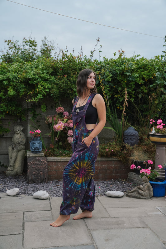 Indian Tie Dye Dungarees Drop Crotch, Stonewashed